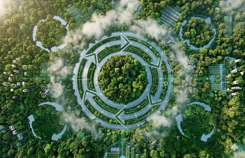 Aerial view of a lush green forest with a recycling symbol shaped lake — representing circular sustainability