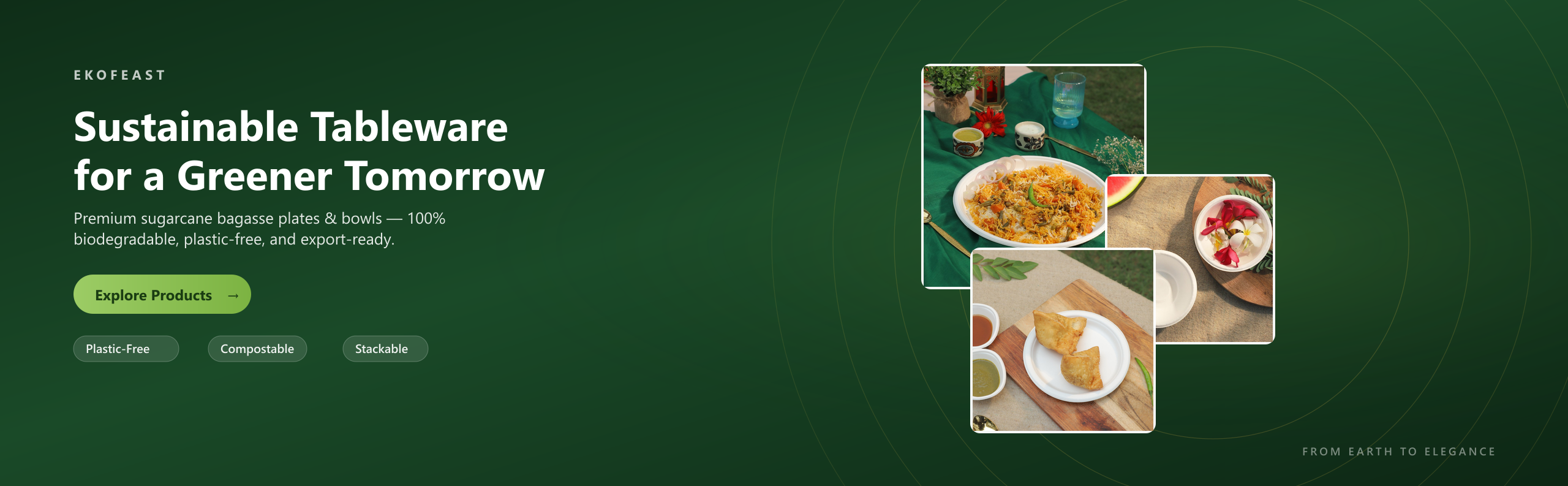 EkoFeast sustainable bagasse tableware — round plates with biryani, elegant bowls, and compostable dinnerware for everyday dining