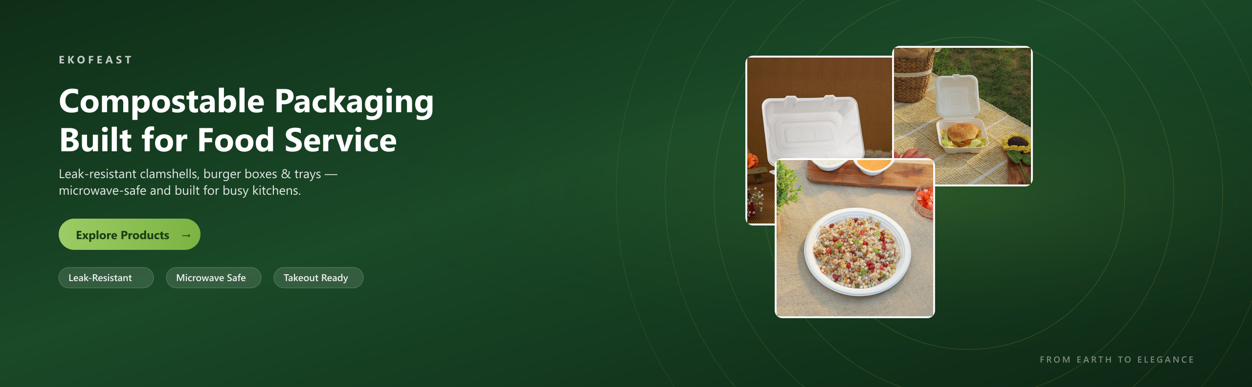 EkoFeast compostable packaging — clamshell containers, burger boxes, and bagasse bowls for food service